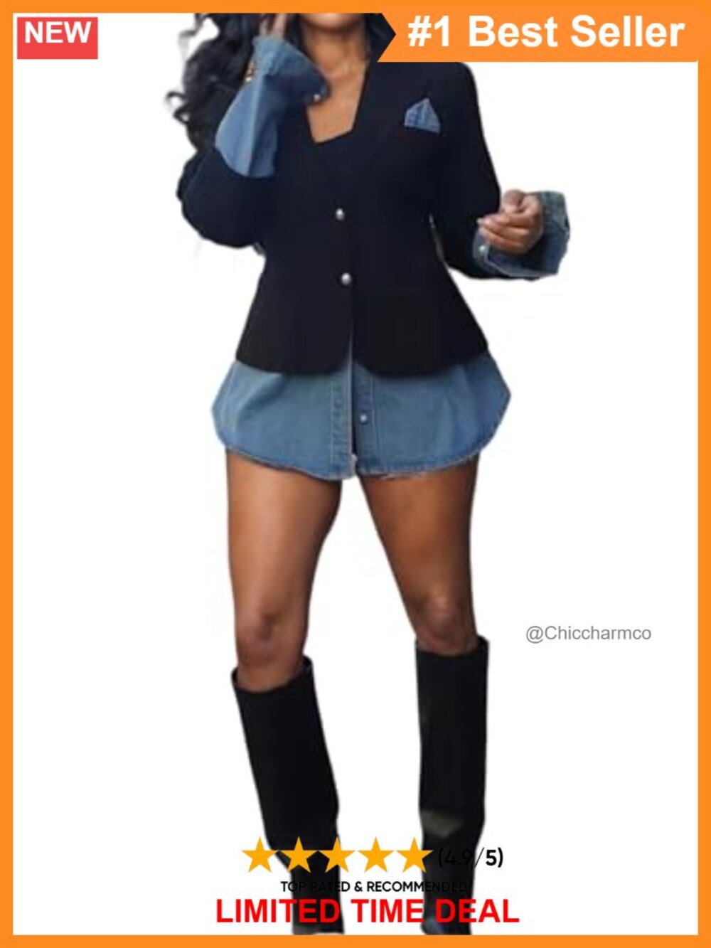 Women's Denim Patchwork Long Sleeve Open Front Slim Fit Blazer